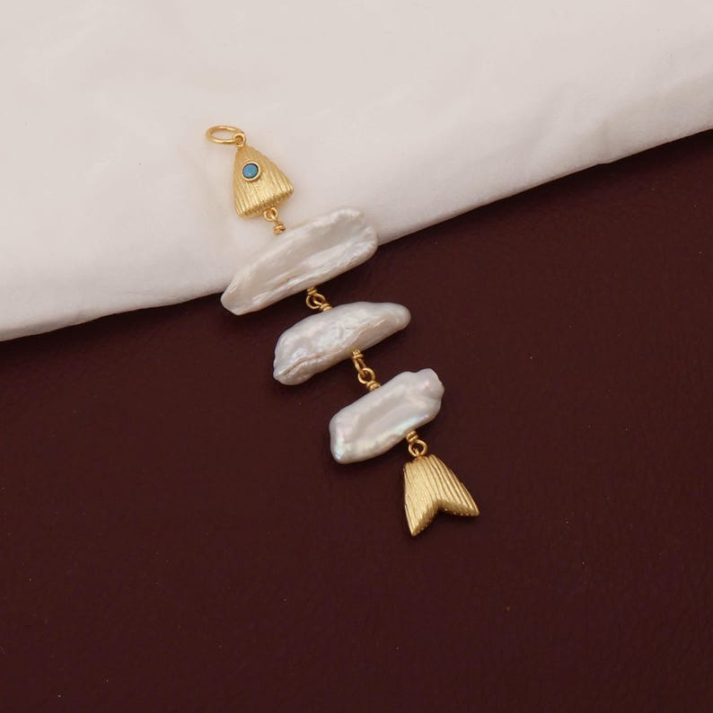 Baroque Pearl Fish Bone Pendant, Gold-Tone Mermaidcore Charm, Ocean Jewelry Making Supplies image 12