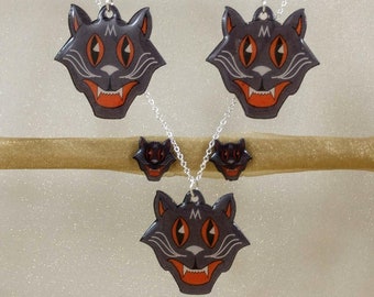 Vintage Inspired Halloween Cat Jewelry, Dangle or Stud Earrings, Clip Ons, Necklace
