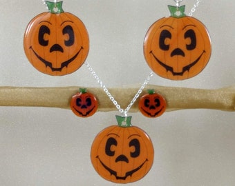 Vintage Inspired Halloween Pumpkin Jewelry, Dangle or Stud Earrings, Clip Ons, Necklace