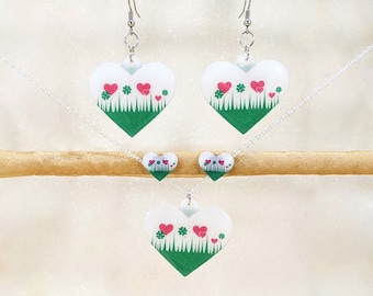 Vintage Pyrex Lucky In Love inspiriert Schmuck, baumeln Ohrringe, Ohrstecker, Clip-ons, Halskette, handgemacht