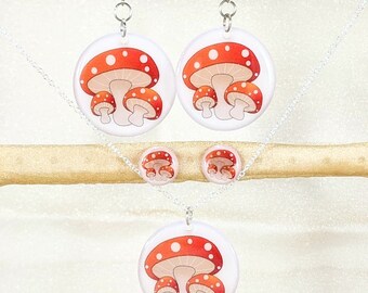 Vintage Pyrex Corning Merry Mushrooms Inspired Jewelry, Dangle Earrings, Stud Earrings, Clip-Ons, Necklace, Handmade