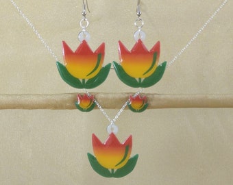 Vintage Fireking Tulips Inspired Jewelry, Dangle Earrings, Stud Earrings, Clip Ons, Necklace, Handmade