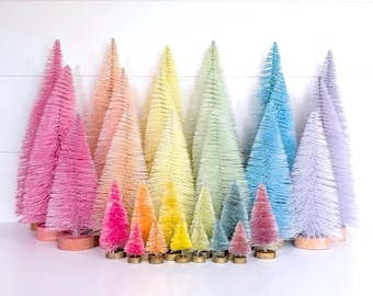 Pastel Rainbow of Bottle Brush Trees, Hand-Dyed Sisal or Nylon Glitter, Set of 6