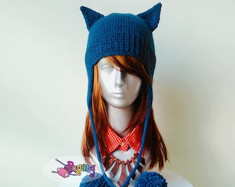KNITTING PATTERN Earflap Hat with Cat Ears Baby, Child, Adult Size PDF