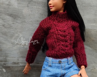 Knitting Pattern: Sally Cable Turtle neck Sweater for 1/6 fashion doll female PDF
