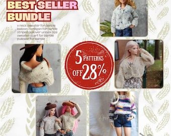 May include: A digital bundle of 5 knitting patterns for doll clothing, featuring a v-neck sweater, balloon cardigan, striped pullover, sweater scarf, and pullover. The image displays dolls wearing these knitted items, with text stating 5 PATTERNS OFF 28%.