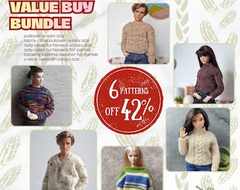 May include: A digital collage titled KNIT FOR DOLLS VALUE BUY BUNDLE featuring six dolls wearing various knitted sweaters. The text lists patterns including a harry cable pullover, sally cable turtleneck, and v neck sweater. A red circle highlights 6 PATTERNS OFF 42%.