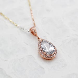ENK 0003 Tricolor 925 SterlingSilver Chain Necklace, Bridal Necklace, CZ Pendant Wedding Jewelry Bridesmaid Jewelry