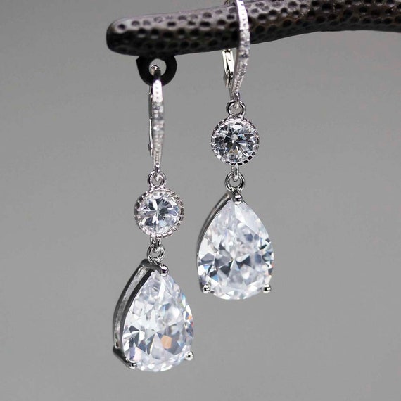 Wedding Earring Antique Silver Clear Dangle Tear Drop CZ Crystal Bridal Earrings