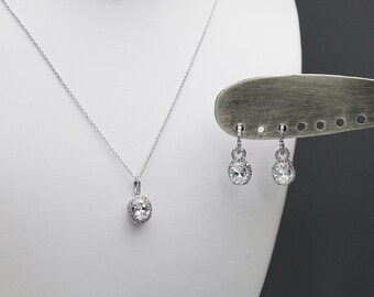 SNS-0004 Rhodium Plated Oval CZ Dangle Necklace Earrings Set Wedding Jewelry Bridesmaid Gift Oval Dangle Necklace Oval Earrings Holiday Gift