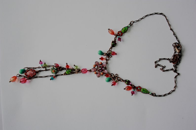 vintage romantic multicolored flowers lariat V collar necklace garden jewellery
