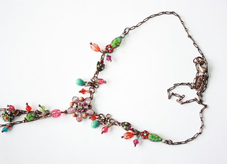 vintage romantic multicolored flowers lariat V collar necklace garden jewellery