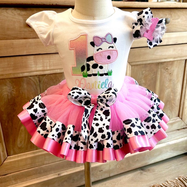 Pink Cow Tutu Outfit Personalized T-Shirt with Name and Number, 1st, 2nd, 3rd, 4th Farm & Barnyard Birthday, Baby or Little Girl's Moo Cow