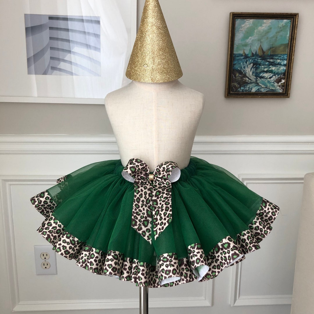 Wild One Safari Tutu for Baby Girl, Emerald Tutu Leopard Trim, First