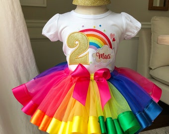 Baby Girl's Rainbow Tutu Outfit, Multicolor Ribbon Tutu Set, Embroidered Rainbow T-Shirt with Name Number in Gold Glitter, Birthday Outfit