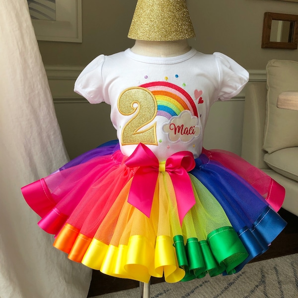 Baby Girl's Rainbow Tutu Outfit, Multicolor Ribbon Tutu Set, Embroidered Rainbow T-Shirt with Name Number in Gold Glitter, Birthday Outfit