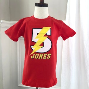 Superhero Inspired Personalized Boy&#39;s Birthday T-Shirt, Yellow and Red Lightning