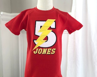 Superhero Inspired Personalized Boy's Birthday T-Shirt, Yellow and Red Lightning