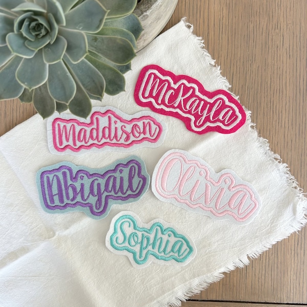 Iron On Name Patch- Bags, Backpacks, Birthday Gifts, Makeup Bags or Bridesmaid Gifts, Jean or Varsity Jackets,  Favorite Sports Team Name