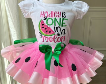 One in a Melon First Birthday Tutu Outfit Personalized with your Child's Name, Embroidered Watermelon Shirt & Tutu Set