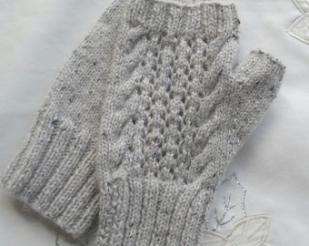 Lace and Cable Mitts, Rowan Felted Tweed, Cosy Ladies Mitts, Wool Awrwarmers, Size Medium, Colur Grey, Great Gift