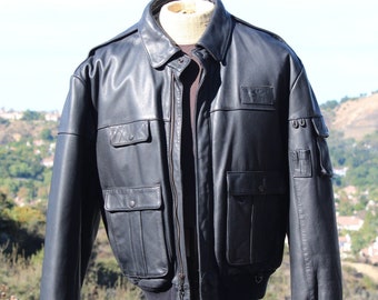 Retro 80s Black Leather Bomber Jacket Vintage Men