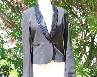 Black Sequin Women's Tuxedo Jacket w Sequin Lapel Medium (Vintage / 80s)