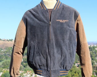 Unique Blue / Gold Suede Leather Bomber XL (Vintage / 80s / Harbor Freight Tools)