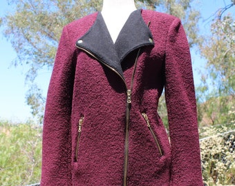Blouson de moto en laine bordeaux 80s pour femme, taille moyenne (vintage/années 80)