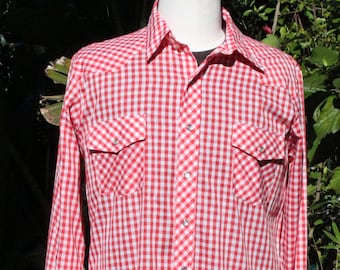 Vintage 60s Red and White Checkered Western Cowboy Shirt NOS Malco Modes 17.5/34 17.5/35 (Vintage / 60s / Malco Modes)