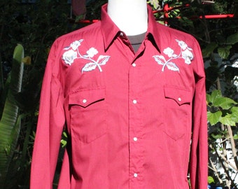 Vintage 80s Dark Red Western Shirt w Embroidered Flowers 18/35 (Vintage / 80s / Karman)