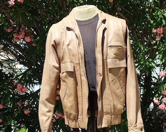 Blouson en cuir marron clair avec bras zippés Medium (vintage/années 80)