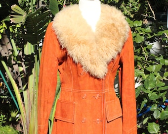 RARE 70s Orange Suede Penny Lane Jacket w/ Sheepskin Collar (Vintage / 70s)