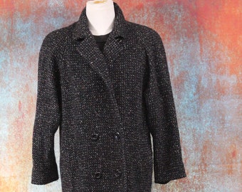 Long 70s Black White Tweed Double Breasted Jill Jr Coat Made in USA (Vintage / 70s / Jill Jr.)