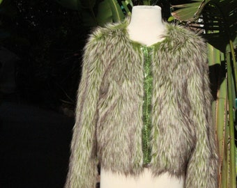 RARE Vintage Green Faux Fur Jacket w Beaded Closure (Vintage / 80s)