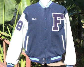 Vintage 80s Blue Wool / White Leather Morales Letterman Jacket Made USA (Vintage / 80s / Sports Apparel)