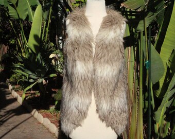 White / Brown Faux Fur Vest w Satin Lining (Vintage / 80s)