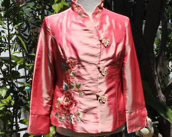 Veste rose cheongsam à fleurs brillantes (vintage / années 80)