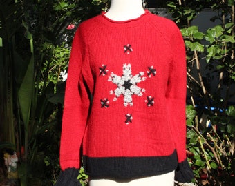 Pull des fêtes rouge/noir flocon de neige (vintage/années 80)