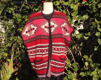 Red Aztec Print Poncho w/ Pockets and Fringe (Vintage / 80s)