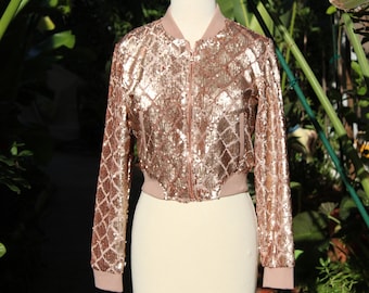 Pink Sequin Womens Bomber Small Jacket (Vintage / 80s)