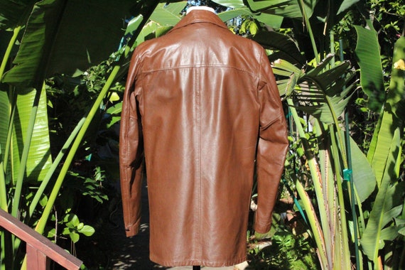 Long Vintage 70s Brown Leather Sears Jacket w/ Re… - image 4