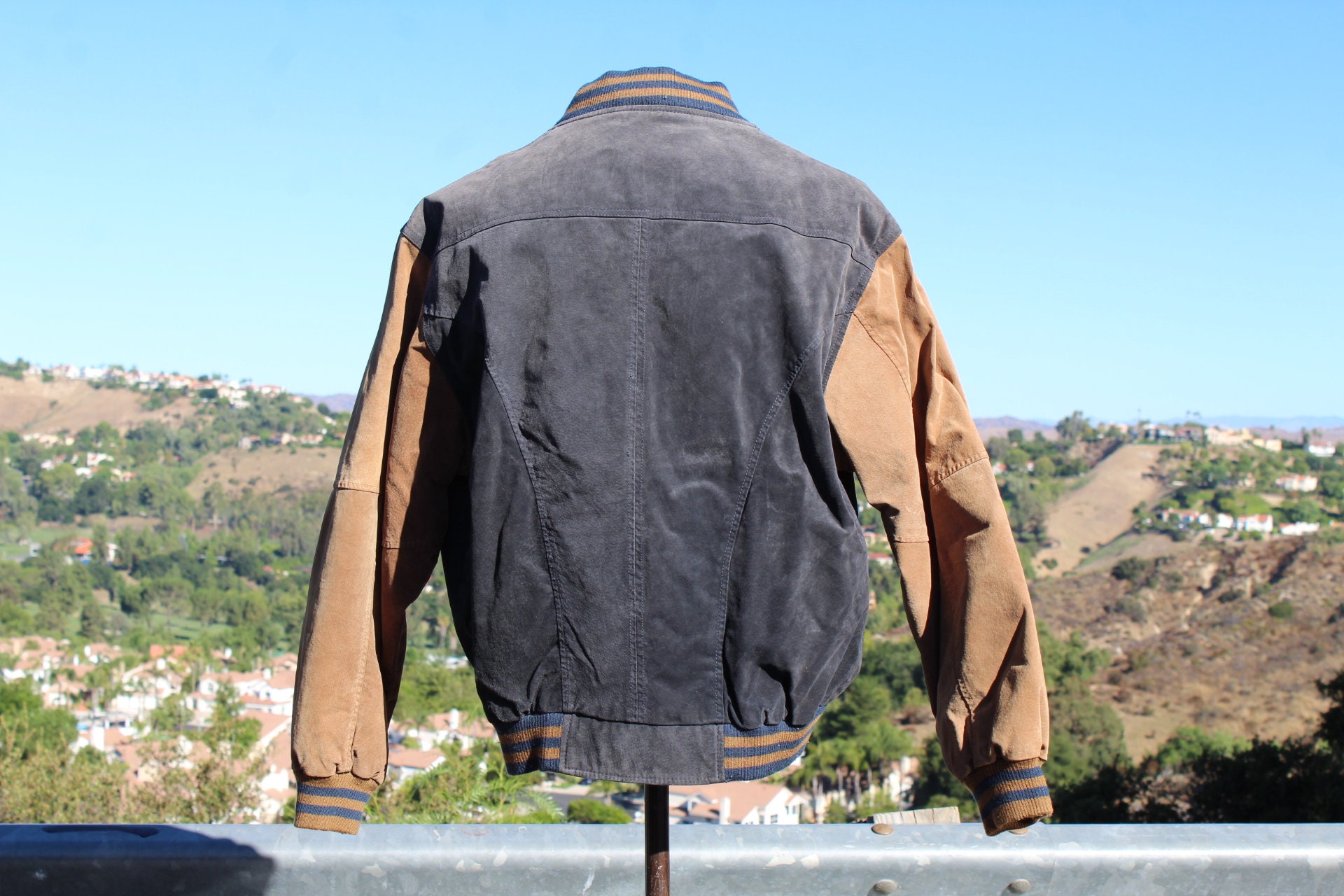 Unique Blue / Gold Suede Leather Bomber XL (vintage / 80s / Harbor