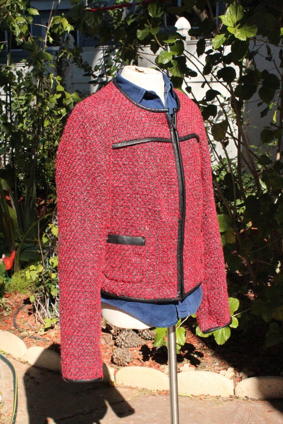 Small Red / Black Tweed Bomber Jacket (Vintage / … - image 2