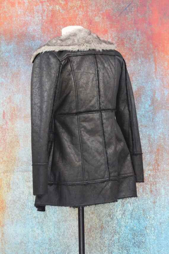 Black Vegan Shearling Double Breasted Coat with S… - image 4