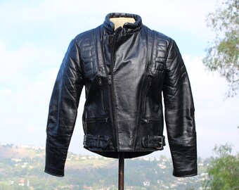 Unique Vintage 70s Black Leather Motorcycle Jacket 42 (vintage
