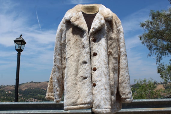 80s Reversible White Faux Fur / Tan Overcoat w Po… - image 1