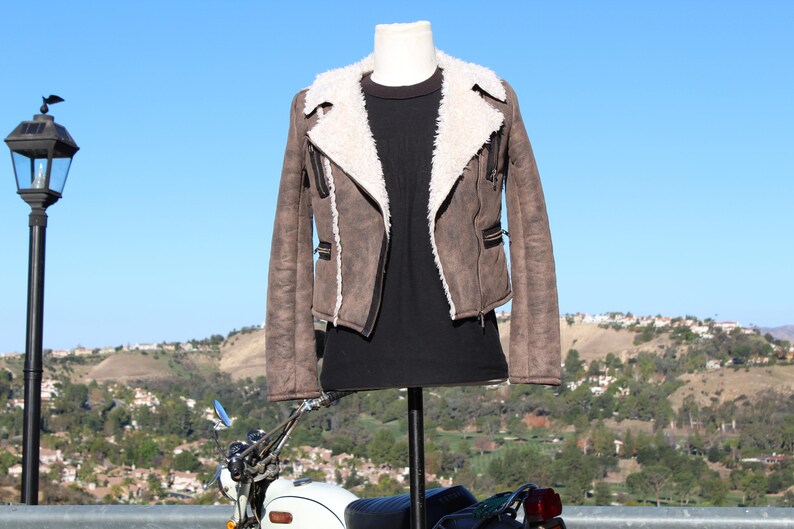 Vintage Brown Vegan Motorcycle Jacket with White Shearling Vintage / 80s image 1