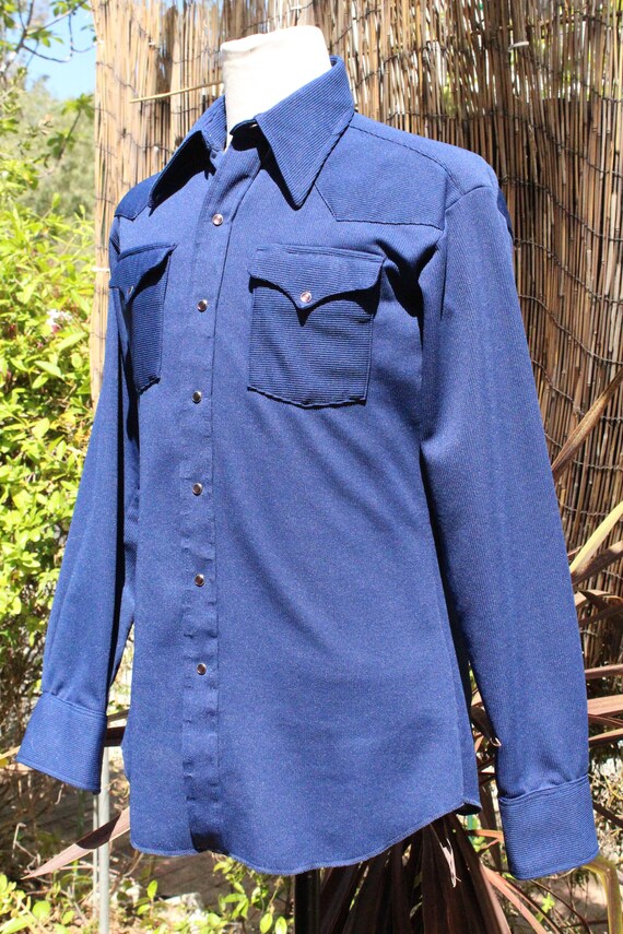 Vintage 70s Dark Blue Western Snap Shirt (Vintage… - image 3