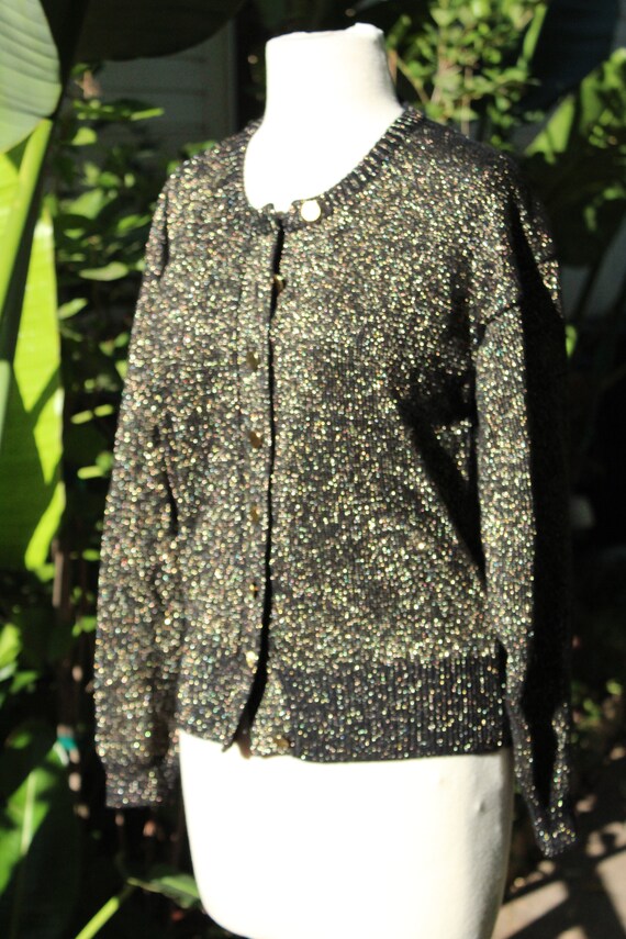 Black / Gold Shiny Wool Vintage Cardigan (Vintage… - image 3